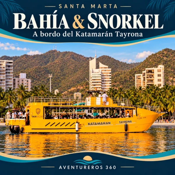 Katamarán Tayrona amarillo en Santa Marta — tour Bahía y Snorkel