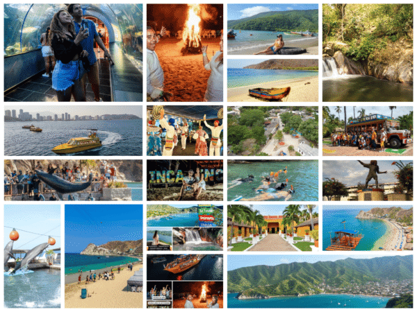 Combo de Actividades #13: Minca, Pozo Azul, Taganga y Playa Grande + Bahía Concha Parque Tayrona + Fiesta Blanca en Katamarán + Acuario con Show de Delfines y Playa Blanca + City Tour en Santa Marta (5 Tours)