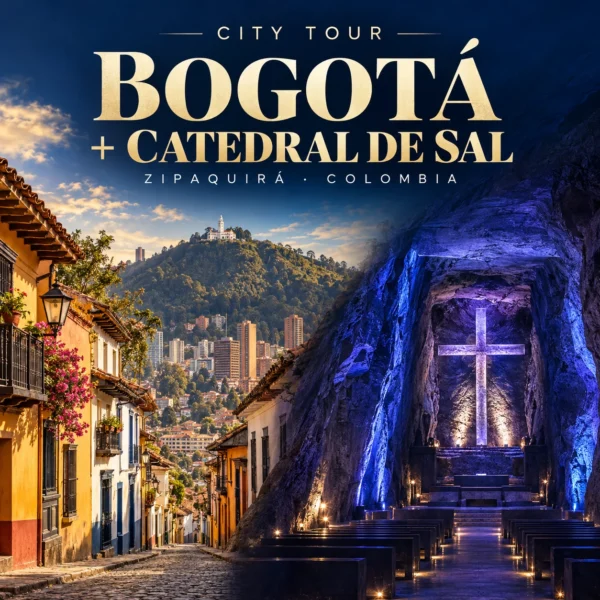City Tour Bogotá + Catedral de Sal · Portada cuadrada Diseño ilustrativo del City Tour Bogotá + Catedral de Sal de Zipaquirá, con La Candelaria, Monserrate y la catedral iluminada.