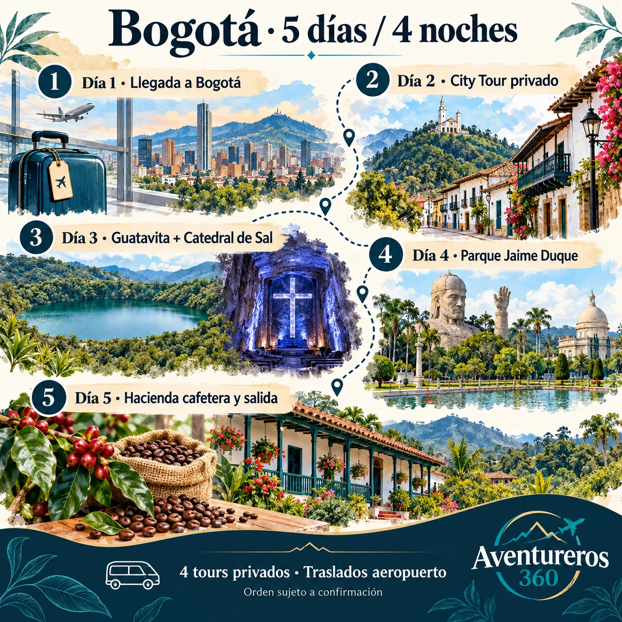 Itinerario de Bogotá 5 días y 4 noches con 4 tours privados