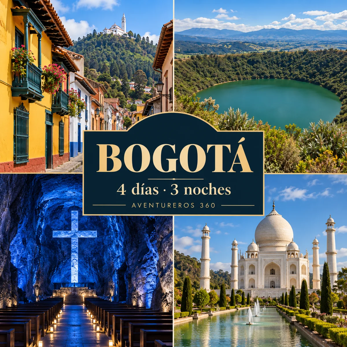 Ilustración de Bogotá, Monserrate, Guatavita, Catedral de Sal y Parque Jaime Duque