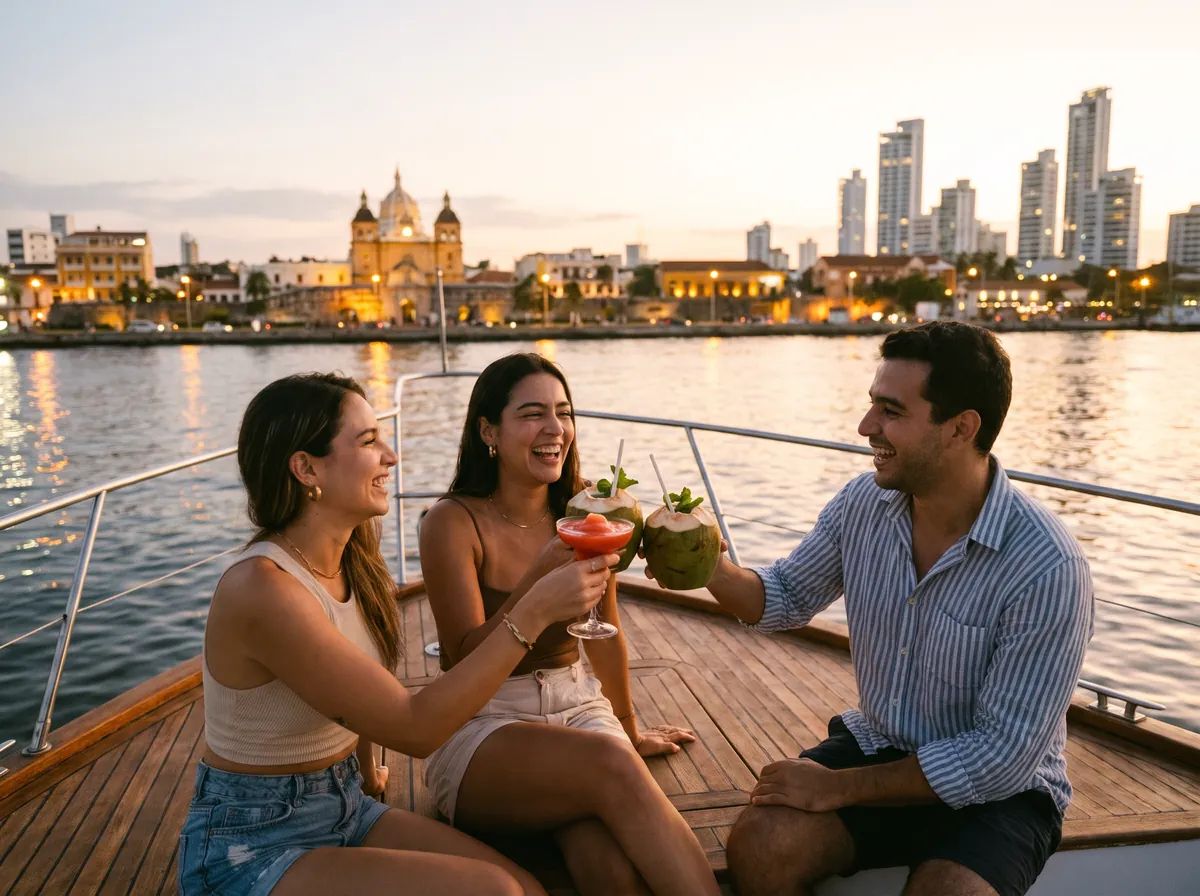 Amigos brindando en un barco en la bahía de Cartagena