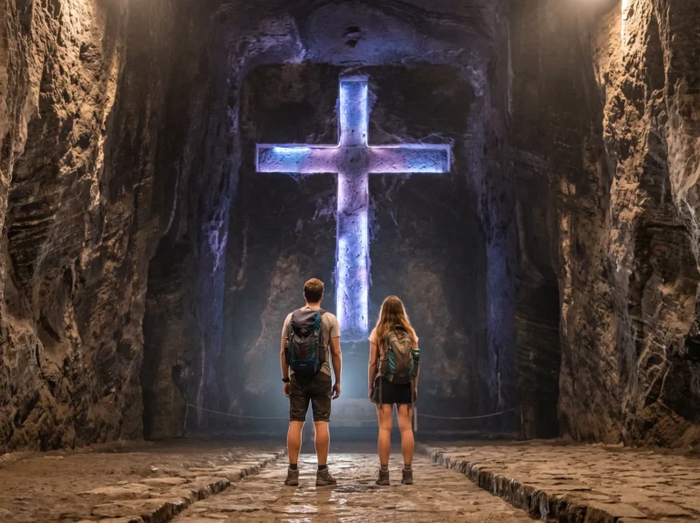 Cruz iluminada en la nave central de la Catedral de Sal de Zipaquirá