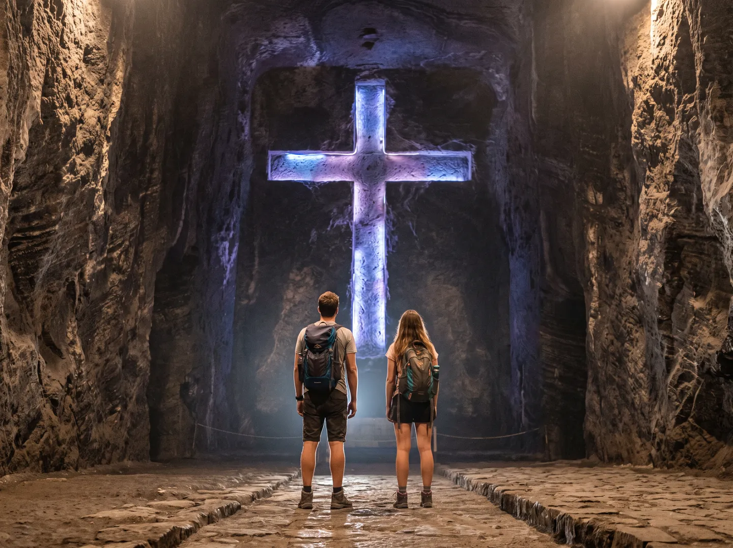 Cruz iluminada en la nave central de la Catedral de Sal de Zipaquirá