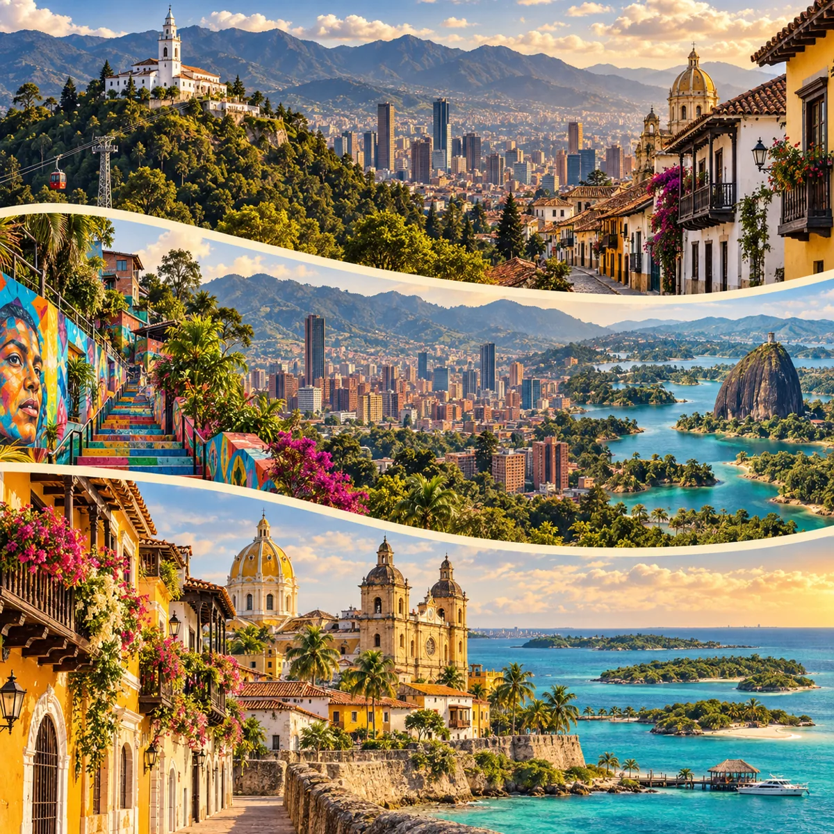 Ilustración del circuito por Bogotá, Medellín y Cartagena, desde los Andes hasta el Caribe