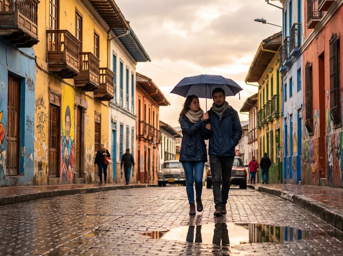 Pareja con abrigo y paraguas en La Candelaria
