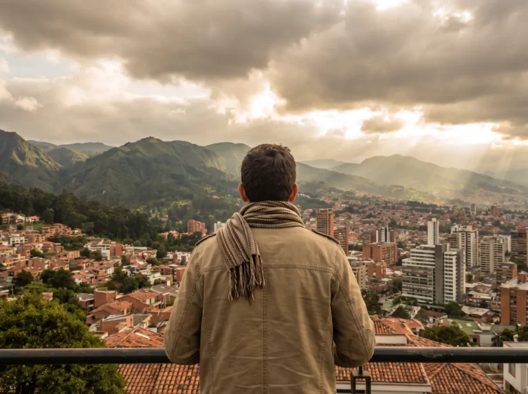 Viajera con chaqueta mirando Bogotá desde los cerros