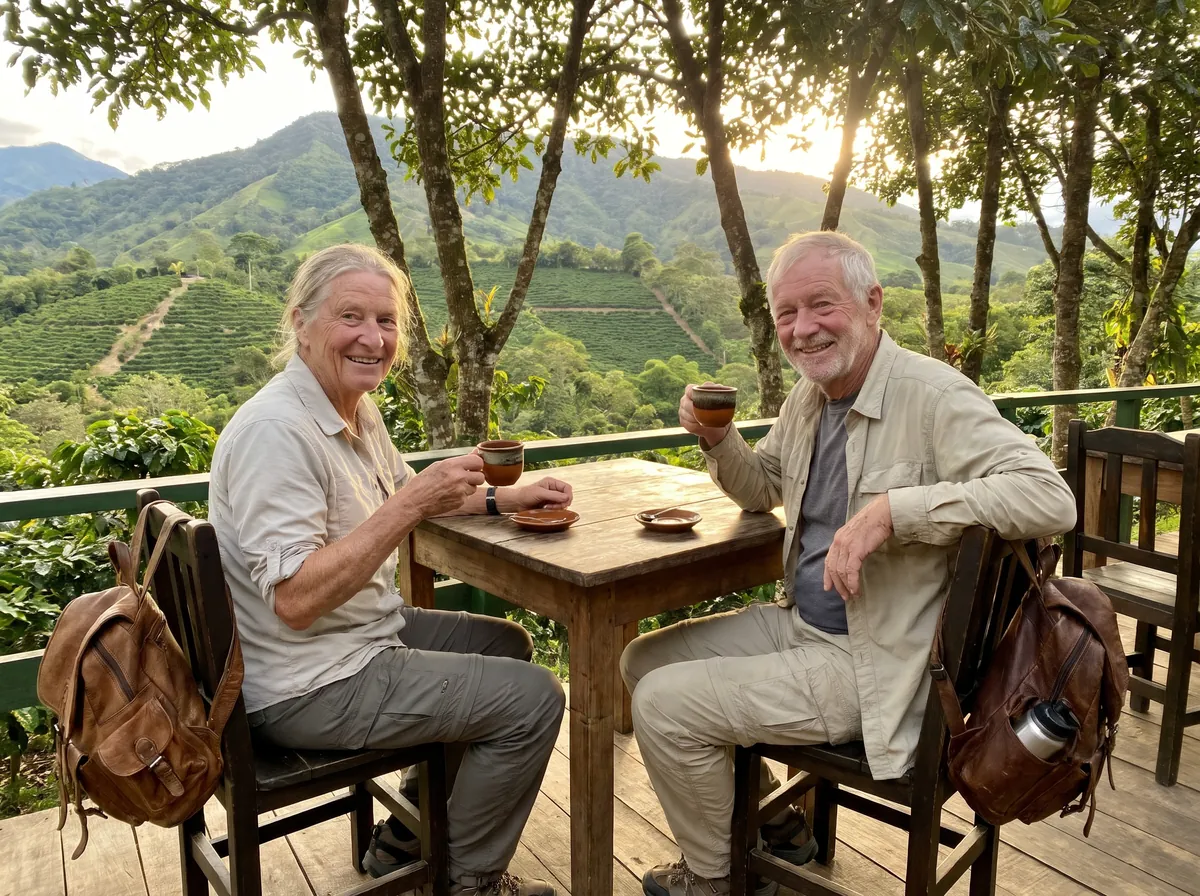 Adultos mayores tomando café en una finca cafetera