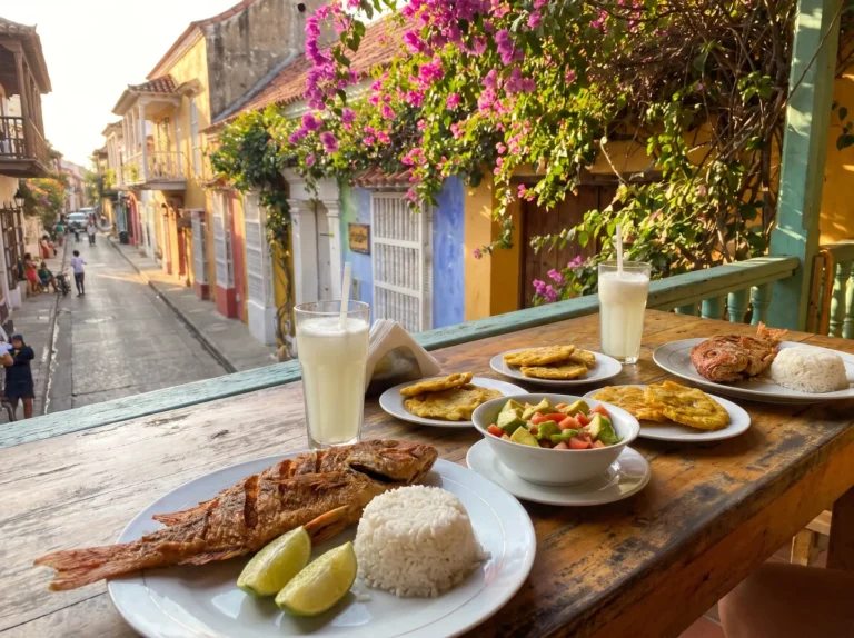 Pescado frito, arroz con coco y patacón, comida típica de Cartagena