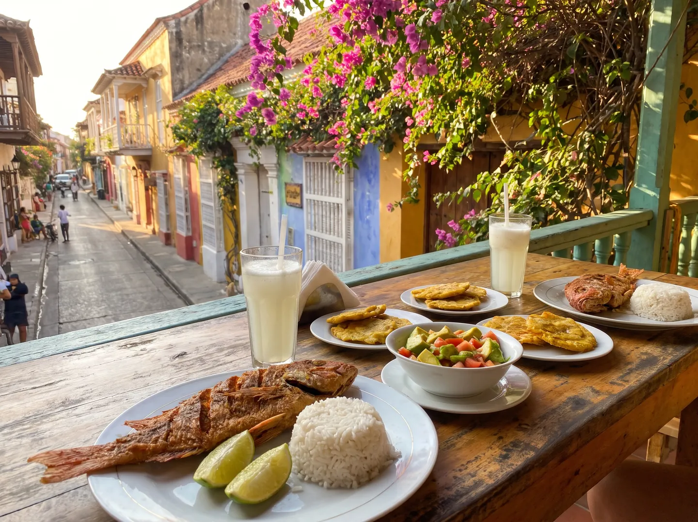 Pescado frito, arroz con coco y patacón, comida típica de Cartagena