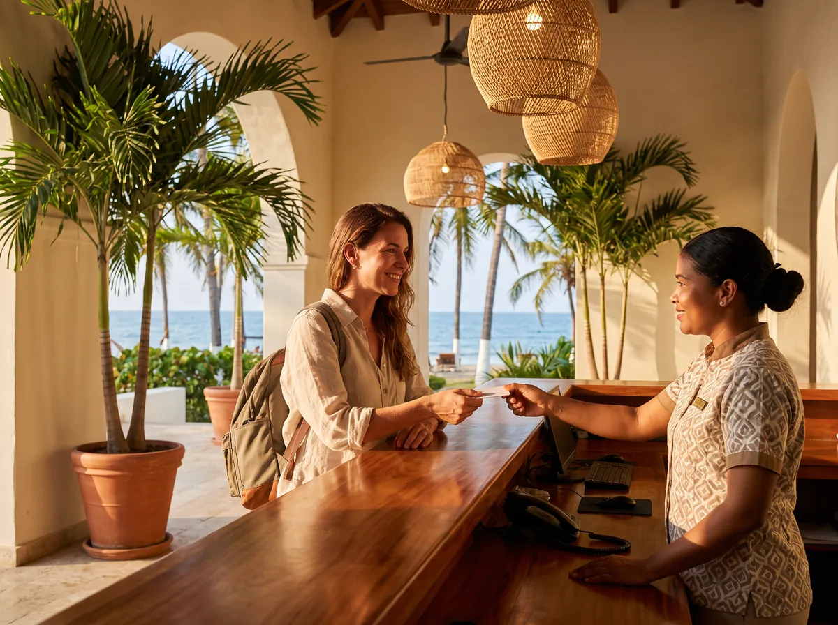 Viajera haciendo check-in en un hotel del Caribe