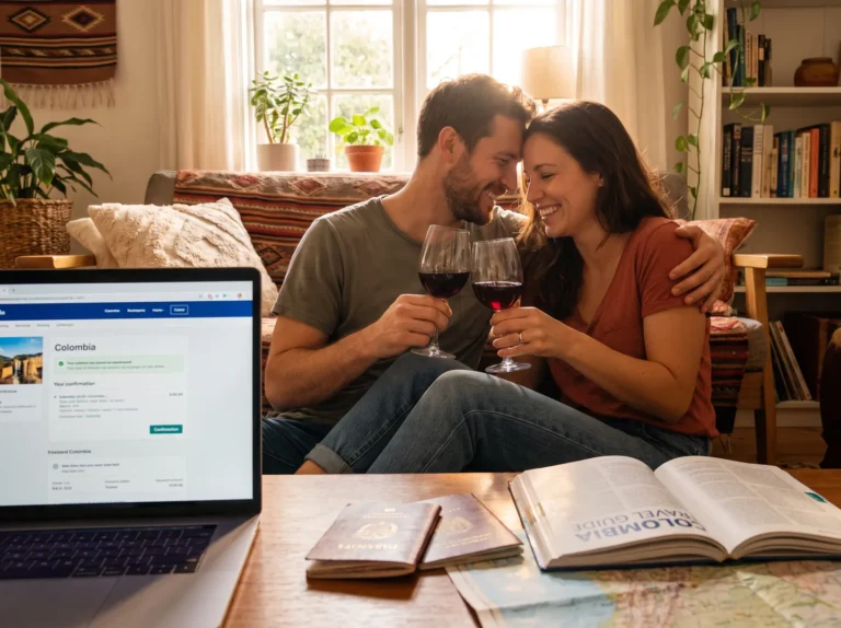 Pareja feliz después de reservar su viaje