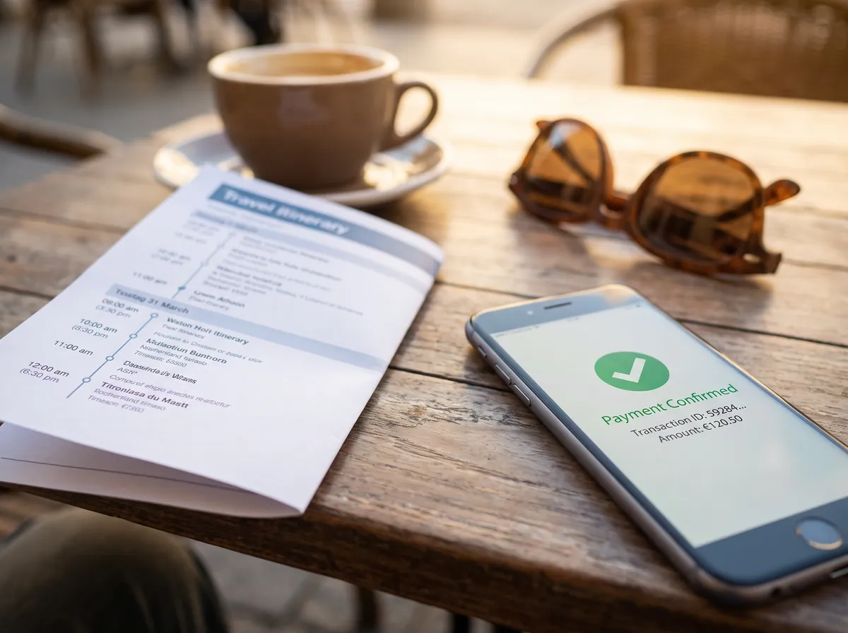 Celular con confirmación de pago junto a un itinerario