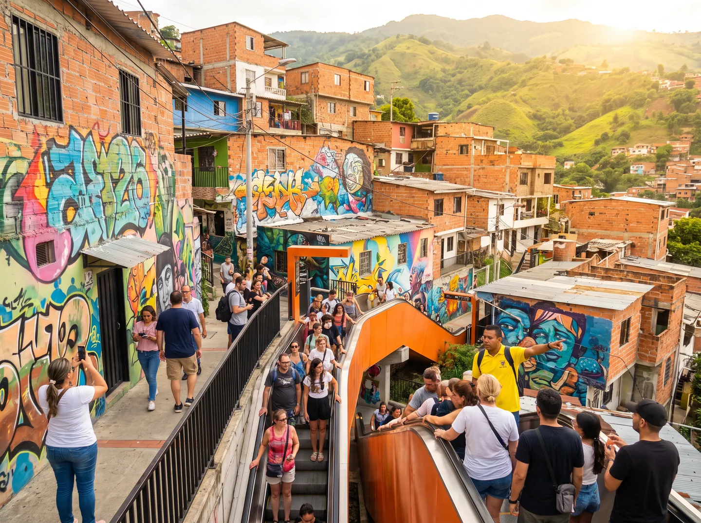 Murales de grafiti y escaleras eléctricas en la Comuna 13 de Medellín