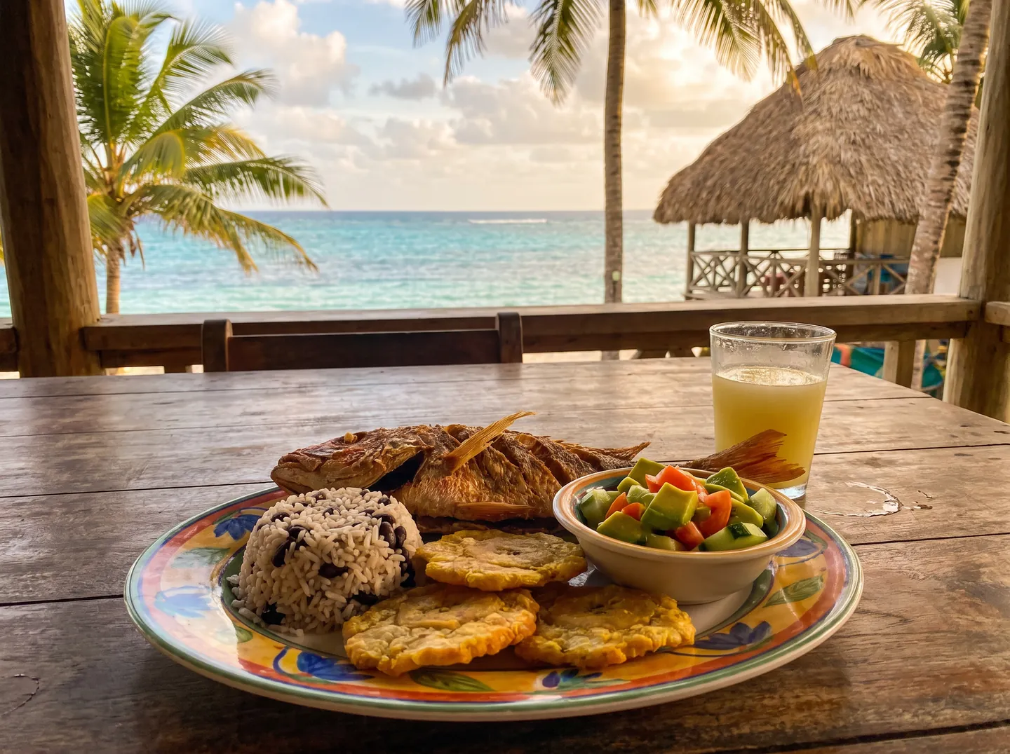Plato típico de pescado, arroz con coco y patacón en San Andrés