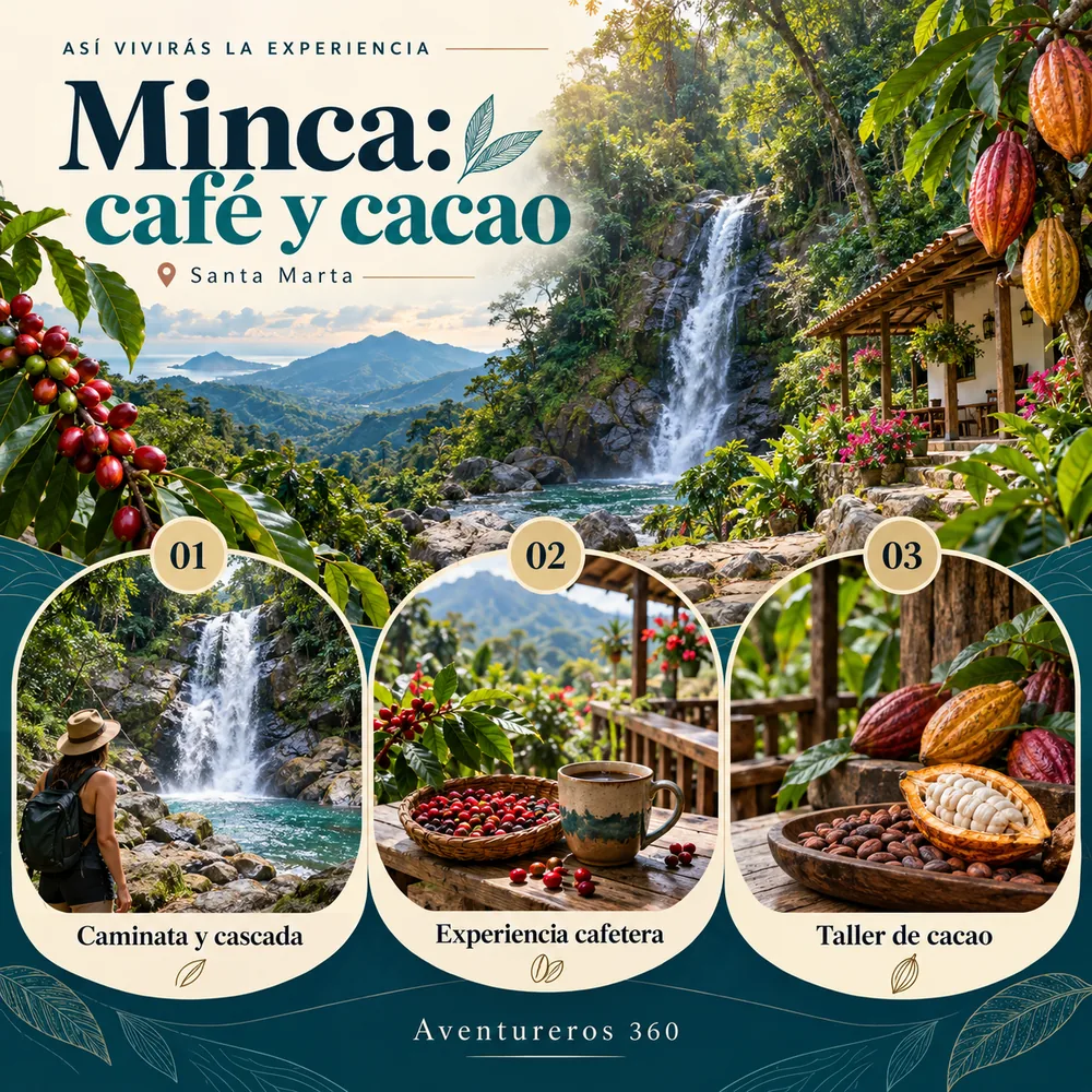 Itinerario ilustrado de Pasadía en Minca: Cascadas, Miradores y Taller de Café y Cacao en la Sierra Nevada