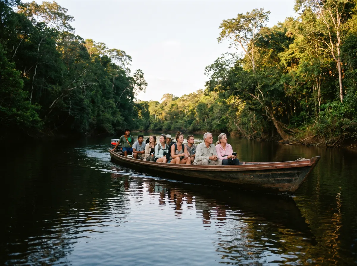 Viajeros navegando en lancha por el río Inírida