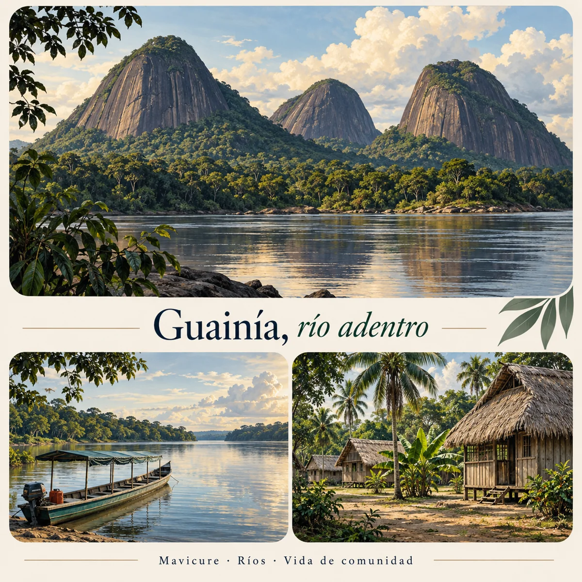 Ilustración de Guainía: cerros de Mavicure, ríos y alojamientos comunitarios