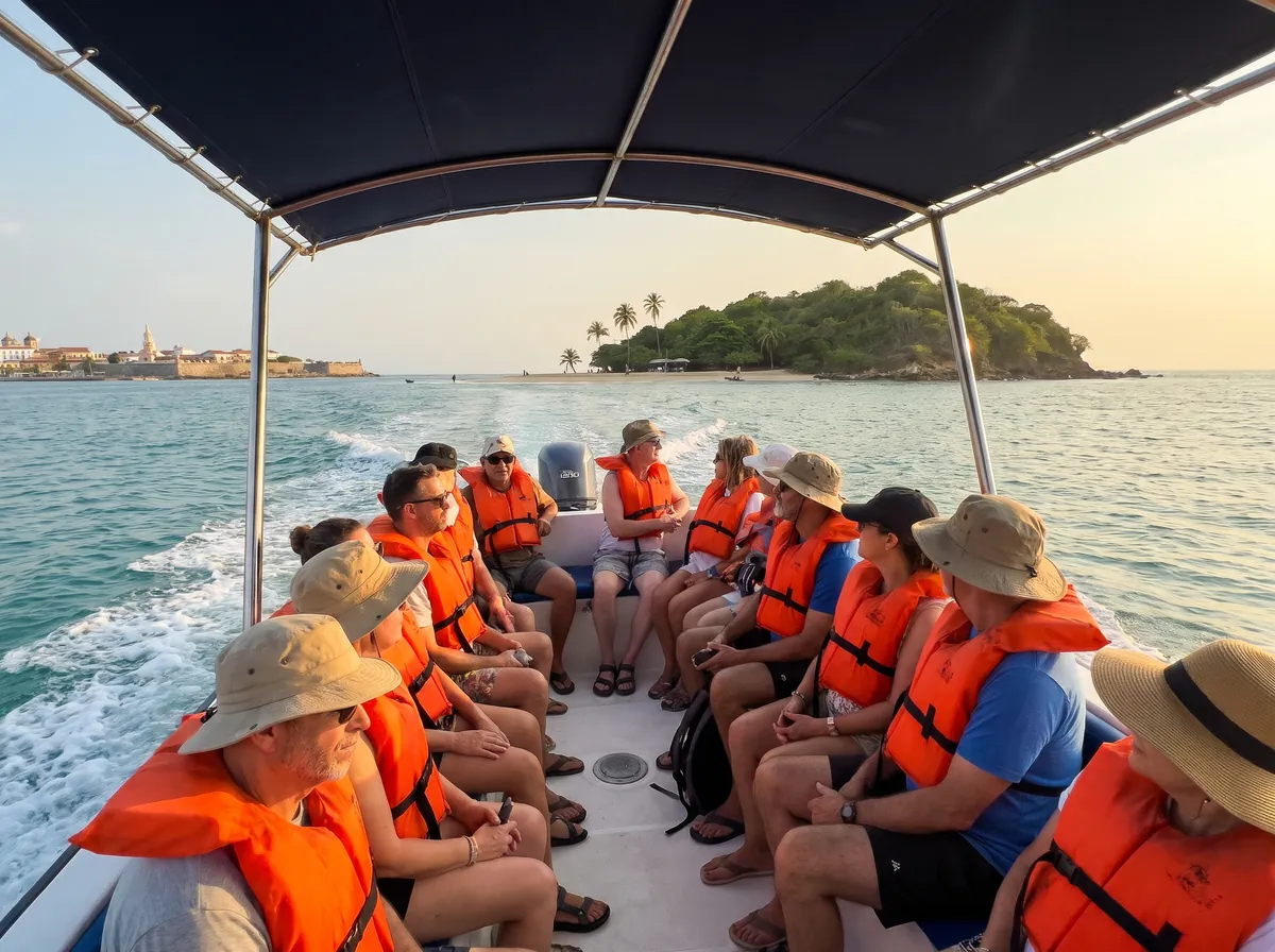 Turistas con chaleco navegando en lancha hacia las islas