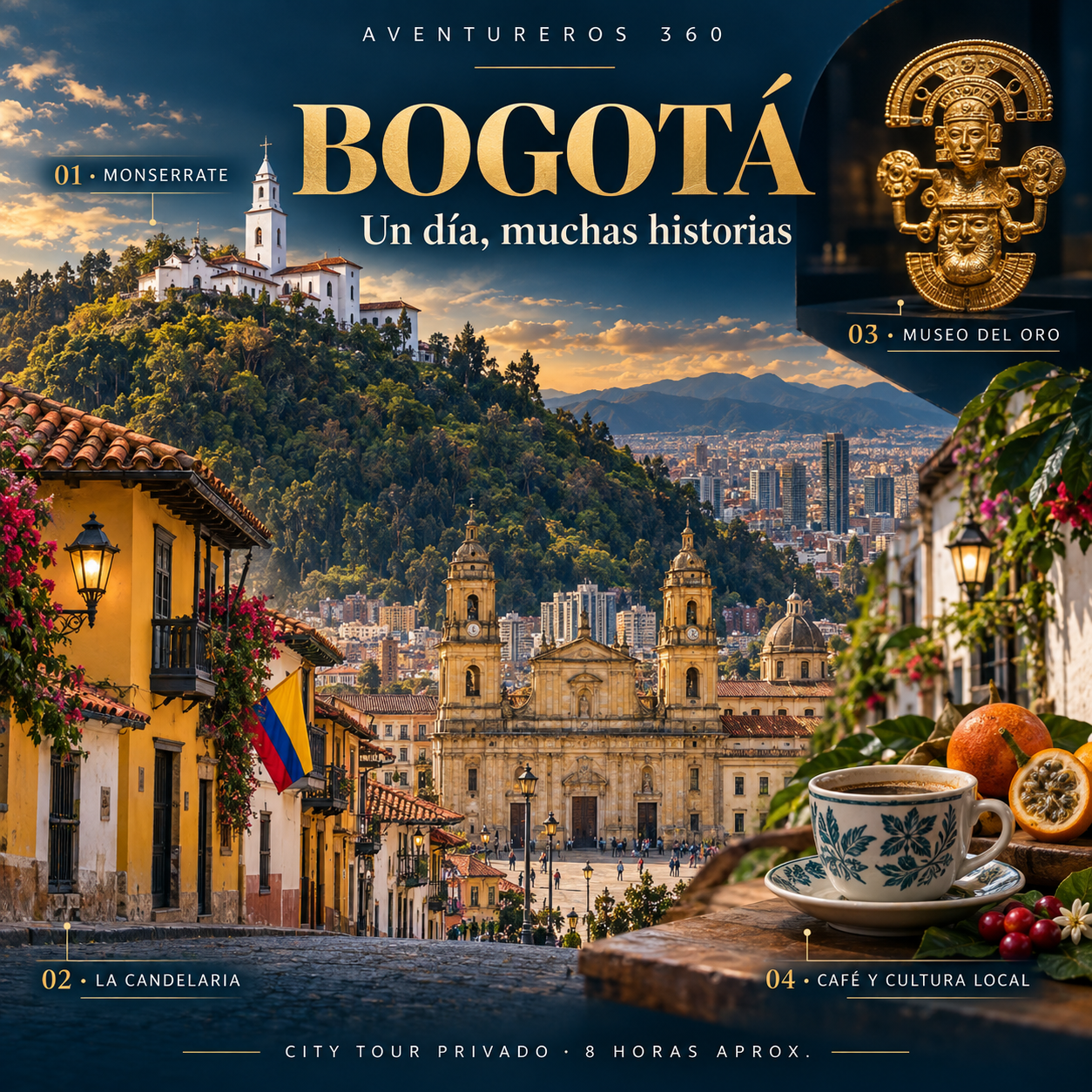 Ilustración del itinerario del City Tour Bogotá: Monserrate, La Candelaria, Museo del Oro, café y cultura local