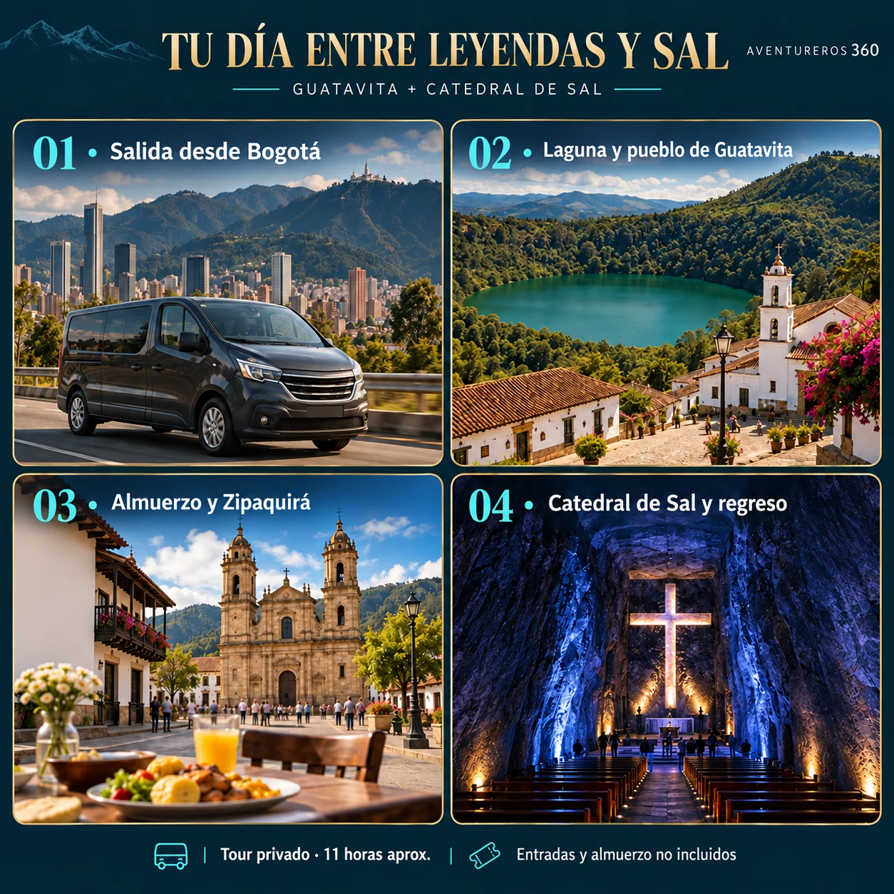Ilustración del itinerario: salida de Bogotá, Laguna y pueblo de Guatavita, Zipaquirá y Catedral de Sal
