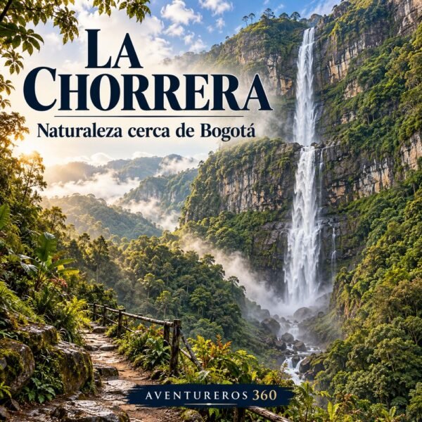 Ilustración de la Cascada La Chorrera entre el bosque andino cerca de Bogotá