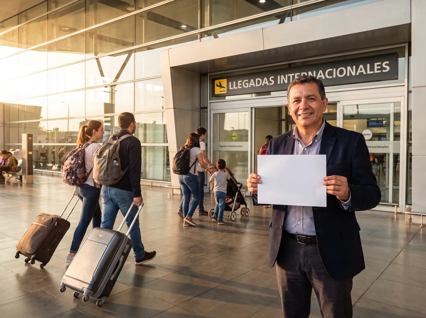 Conductor esperando viajeros en la sala de llegadas del aeropuerto de Bogotá