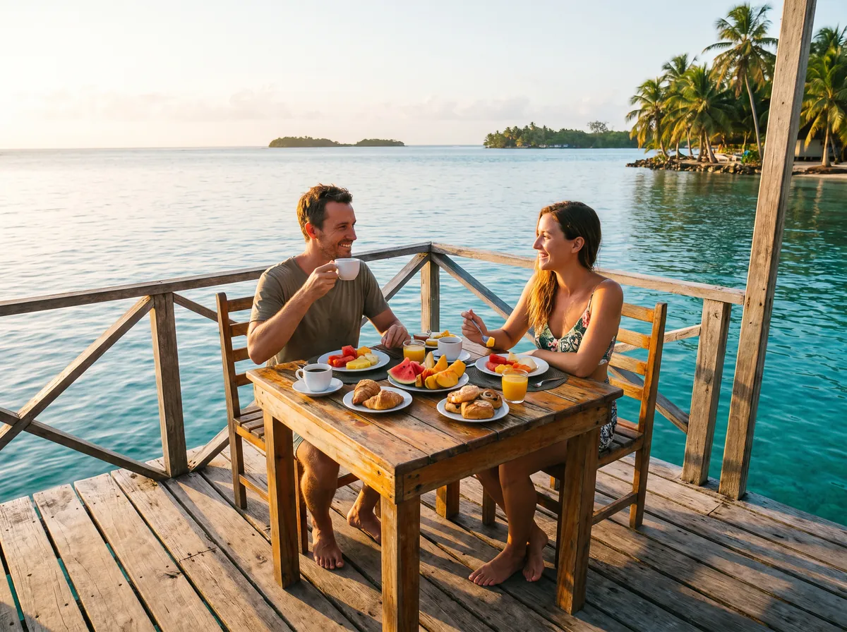 Pareja desayunando en un pontón al amanecer en San Andrés