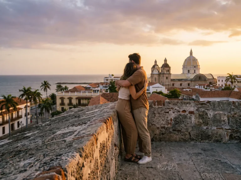 Pareja abrazada en las murallas de Cartagena al atardecer