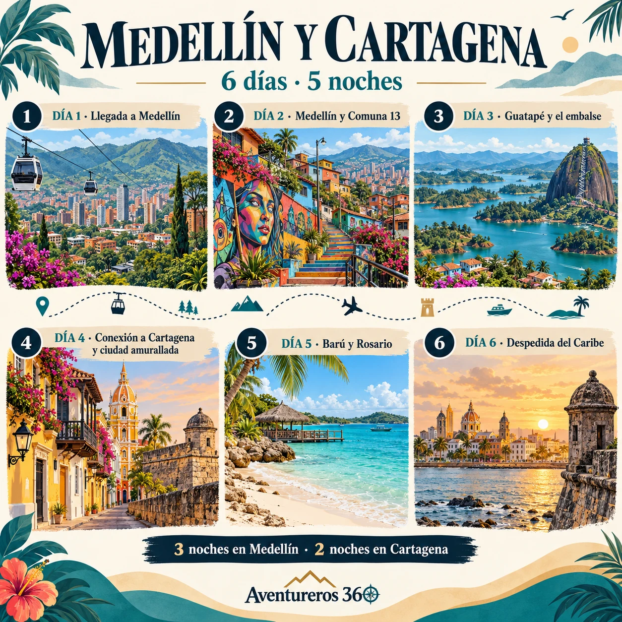 Itinerario ilustrado de Medellín y Cartagena en 6 días y 5 noches
