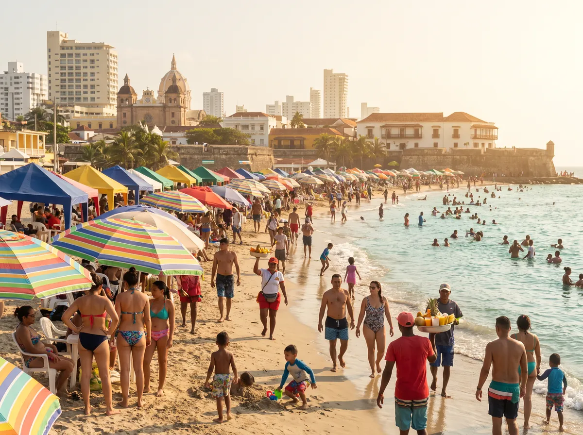 Playa concurrida en temporada alta en Cartagena