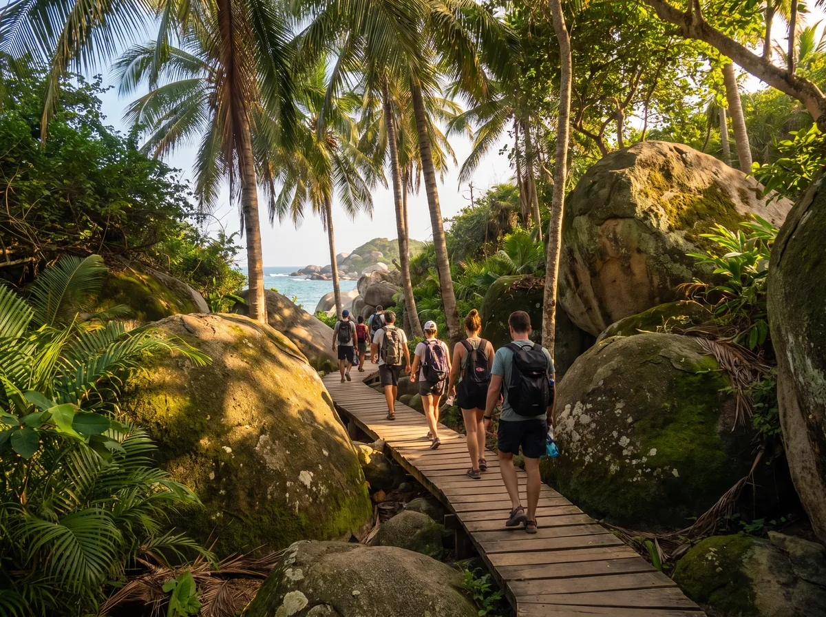 Caminantes en un sendero de selva del Parque Tayrona