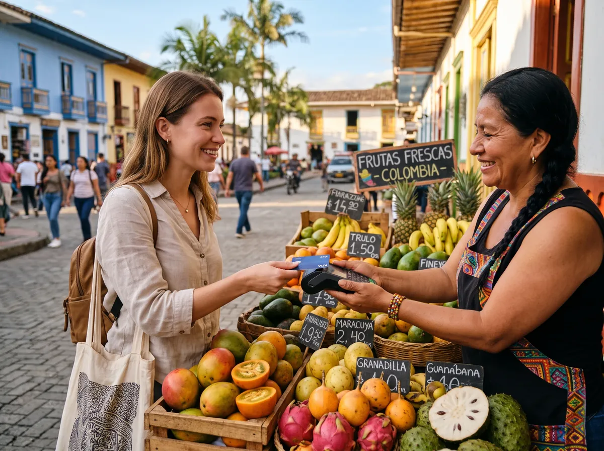 Turista pagando con tarjeta en un puesto de frutas