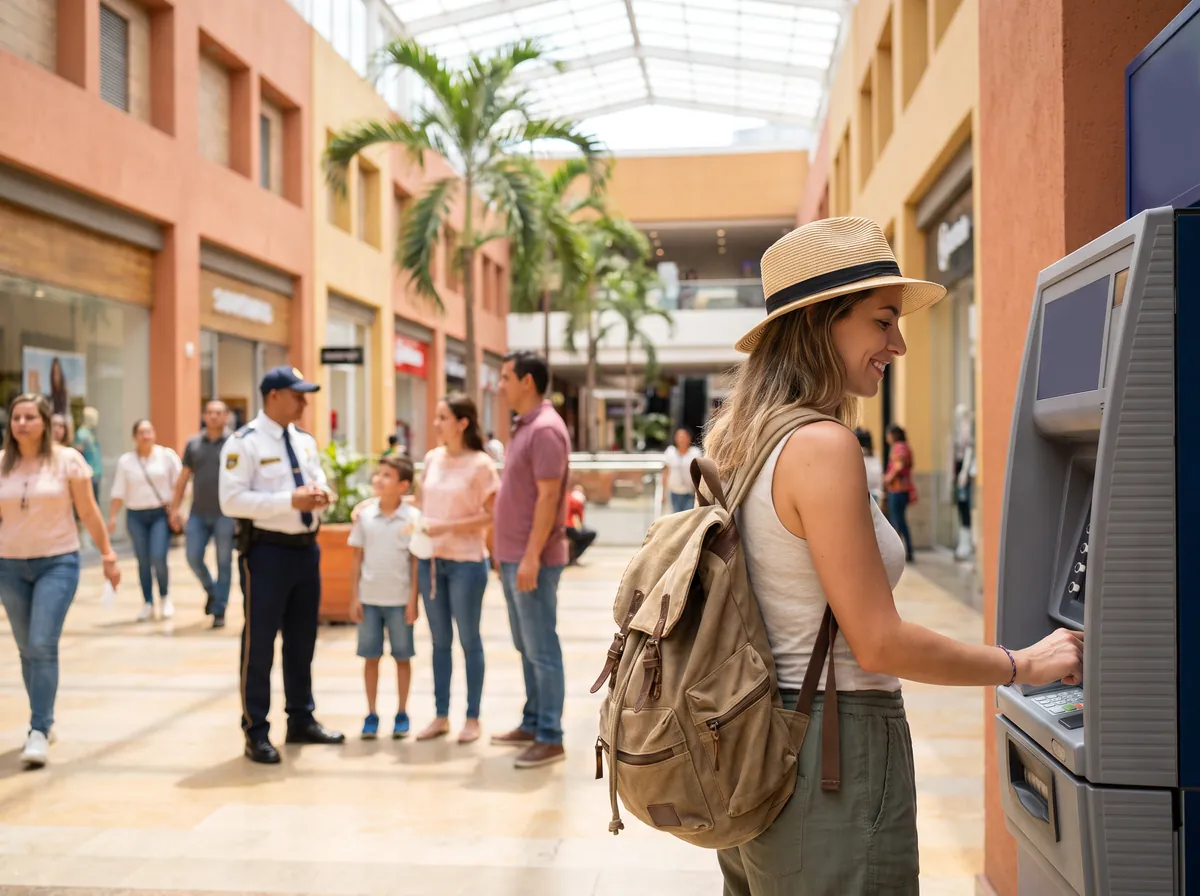 Viajero usando un cajero dentro de un centro comercial