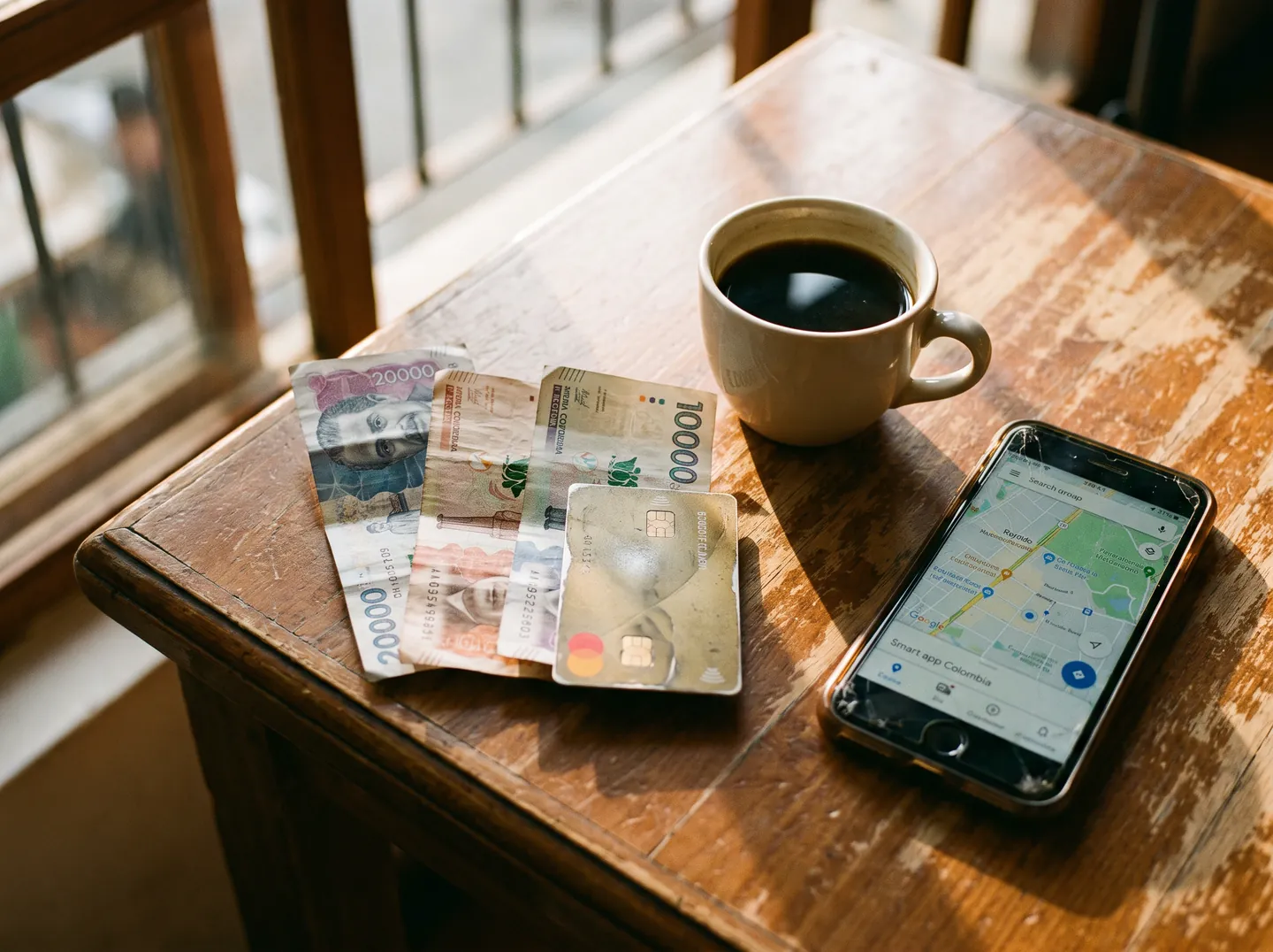 Billetes de pesos colombianos y tarjeta sobre una mesa
