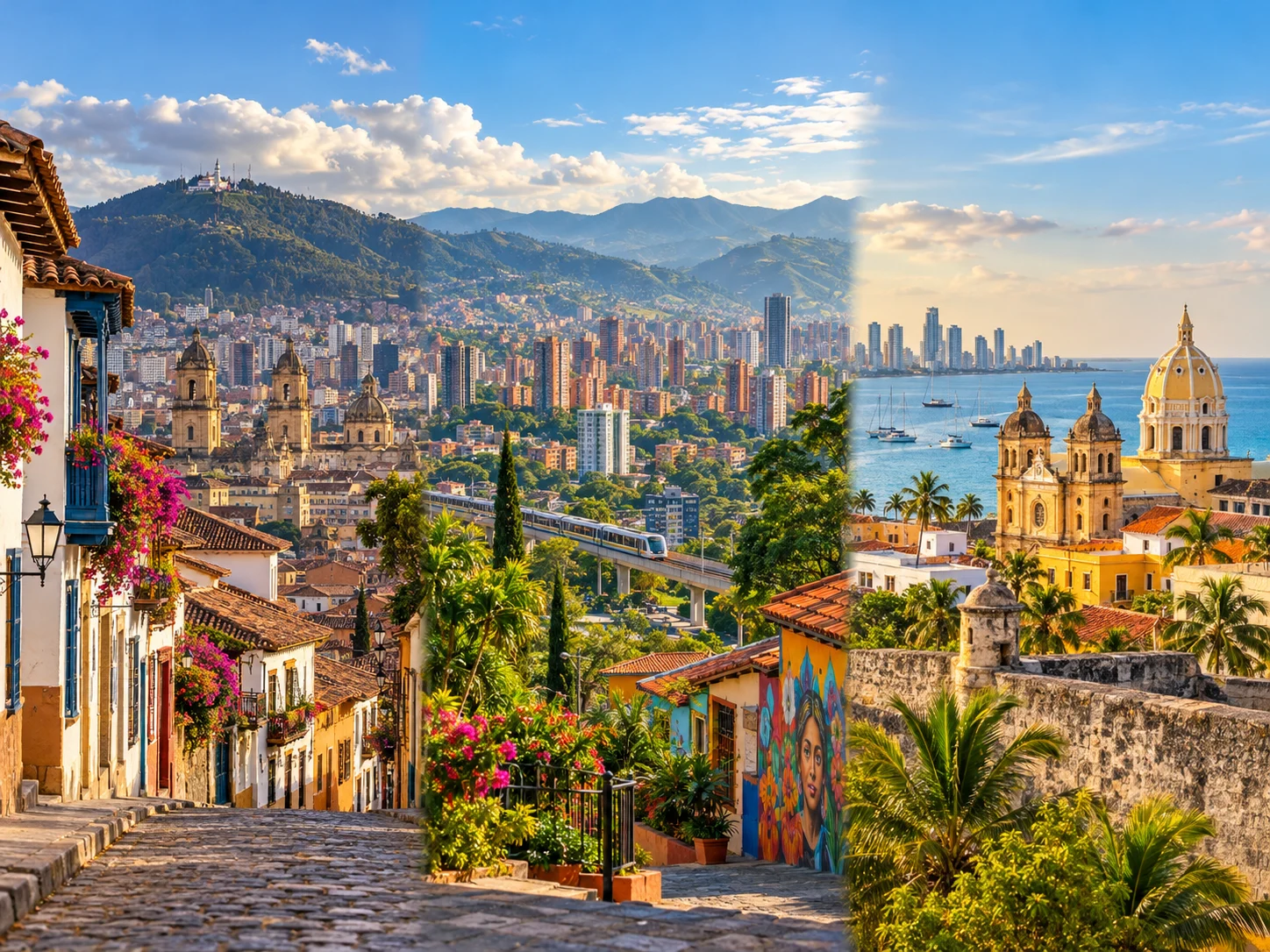 Colombia en 8 días: montaje ilustrativo de Bogotá, Medellín y Cartagena