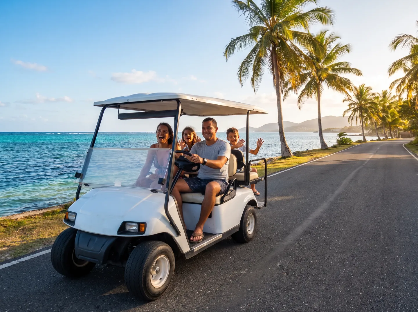Familia recorriendo la vía circunvalar de San Andrés en mulita