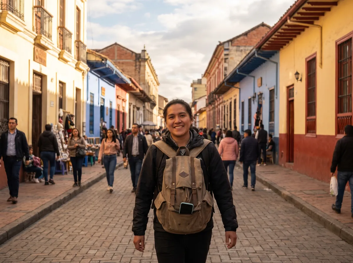 Viajero con la mochila adelante en una calle de Bogotá