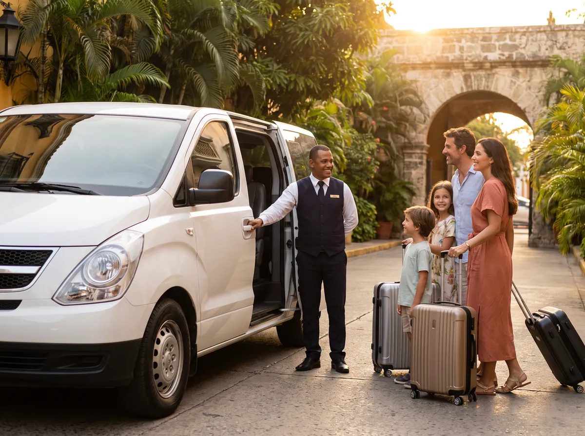Conductor recibiendo a una familia en una van de pasajeros