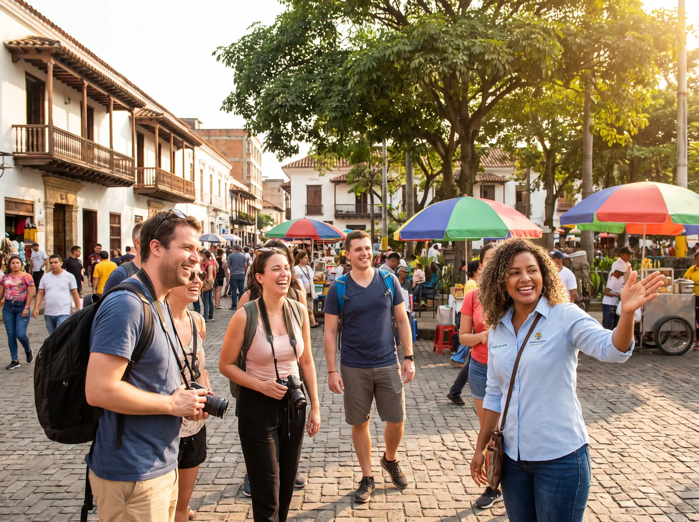 Turistas con guía local recorriendo una plaza en Medellín