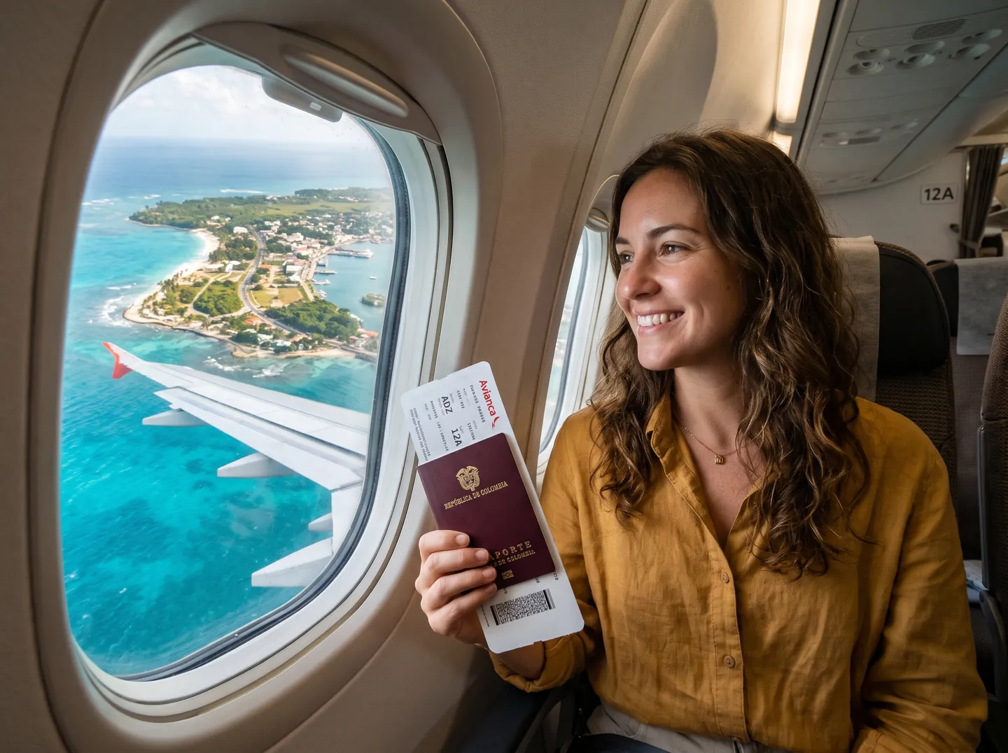Viajera con su documento llegando en avión a San Andrés