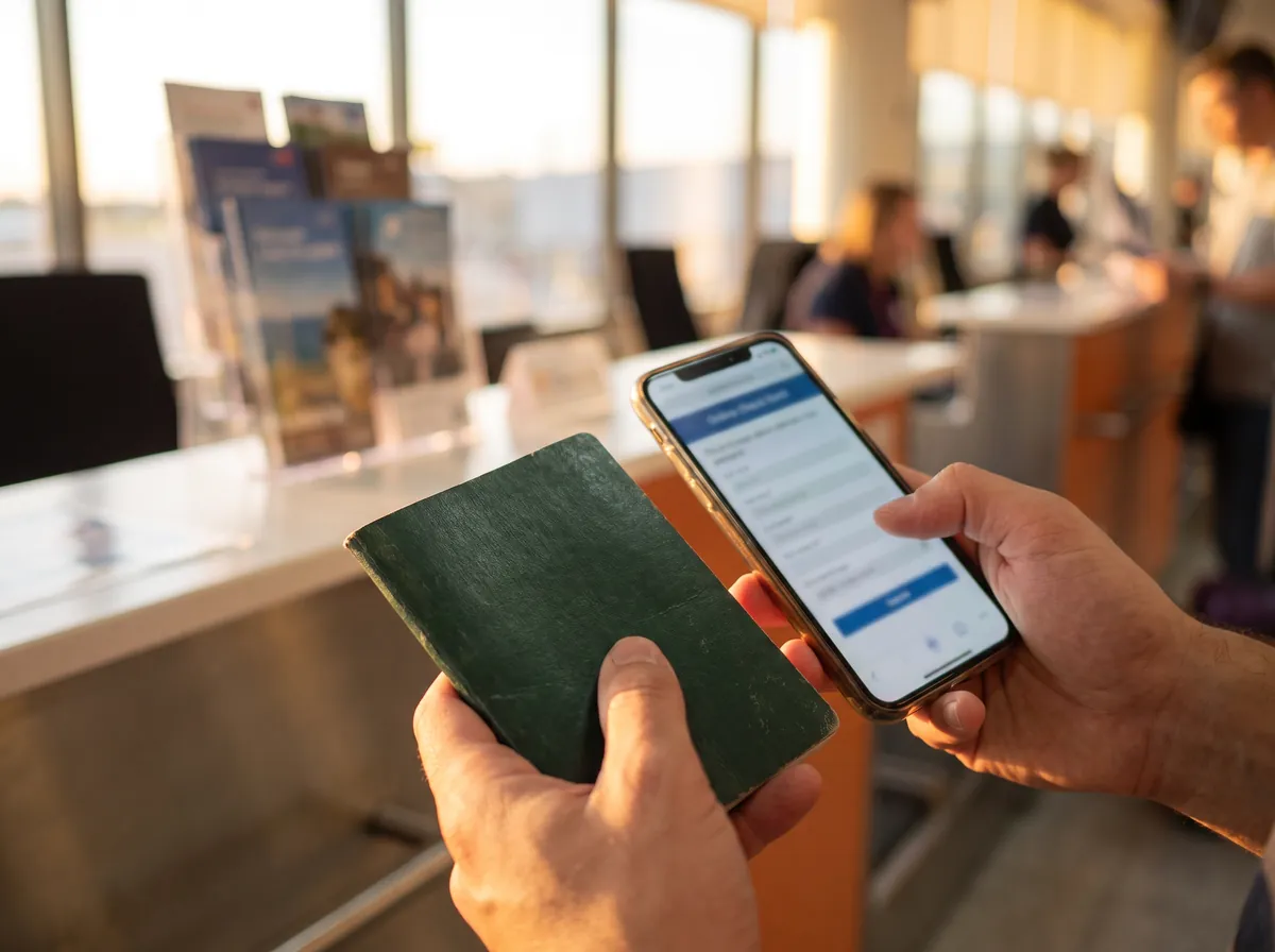 Pasaporte y celular con formulario en línea antes del vuelo