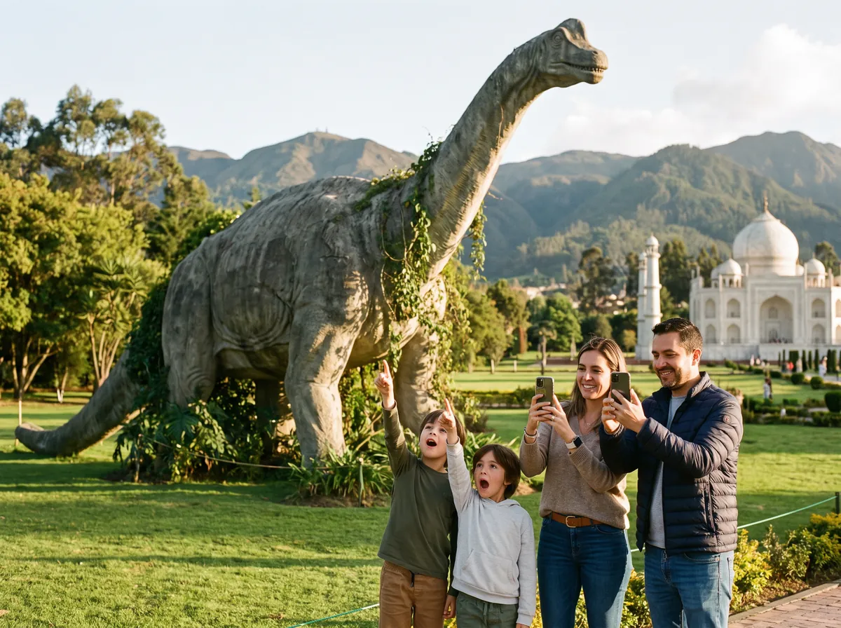 Niños frente a un dinosaurio en un parque temático cerca de Bogotá